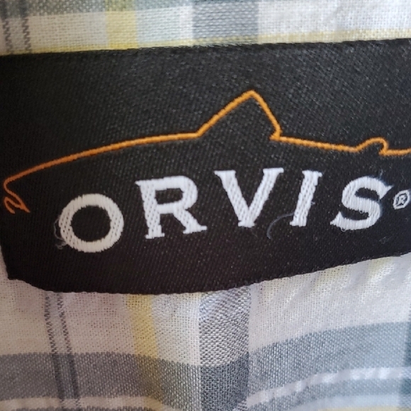 Men's Orvis Linen Blend  Blue Plaid Short Sleeve Shirt P2p 23.25 Length 30 - Picture 2 of 9